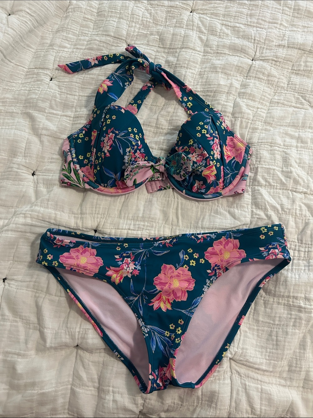 Adore Me Teal Floral Halter Bikini with Pink Accents
